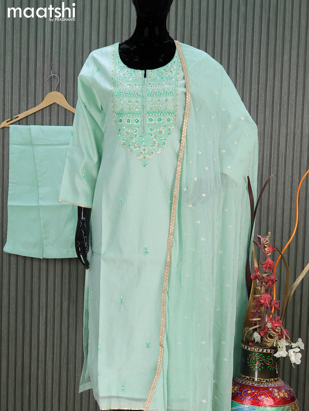 Chanderi readymade salwar suit teal green shade with embroidery work neck pattern and straight cut pant & chiffon dupatta