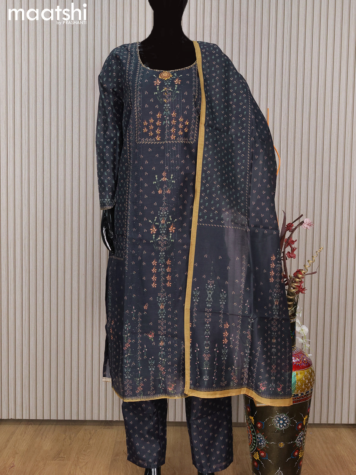 Chanderi readymade salwar suit dark blue with allover prints & sequin work and straight cut pant & printed dupatta