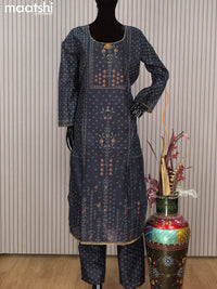 Chanderi readymade salwar suit dark blue with allover prints & sequin work and straight cut pant & printed dupatta