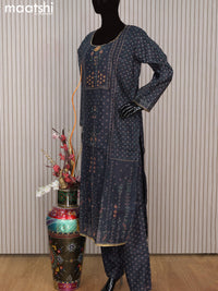 Chanderi readymade salwar suit dark blue with allover prints & sequin work and straight cut pant & printed dupatta