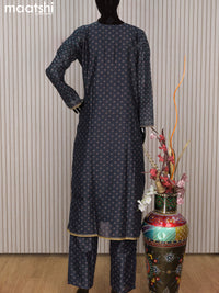 Chanderi readymade salwar suit dark blue with allover prints & sequin work and straight cut pant & printed dupatta