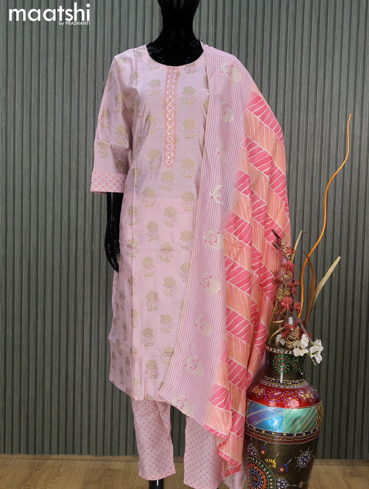 Chanderi readymade salwar suit pastel pink with allover butta prints & embroidery work neck pattern and straight cut pant & printed dupatta