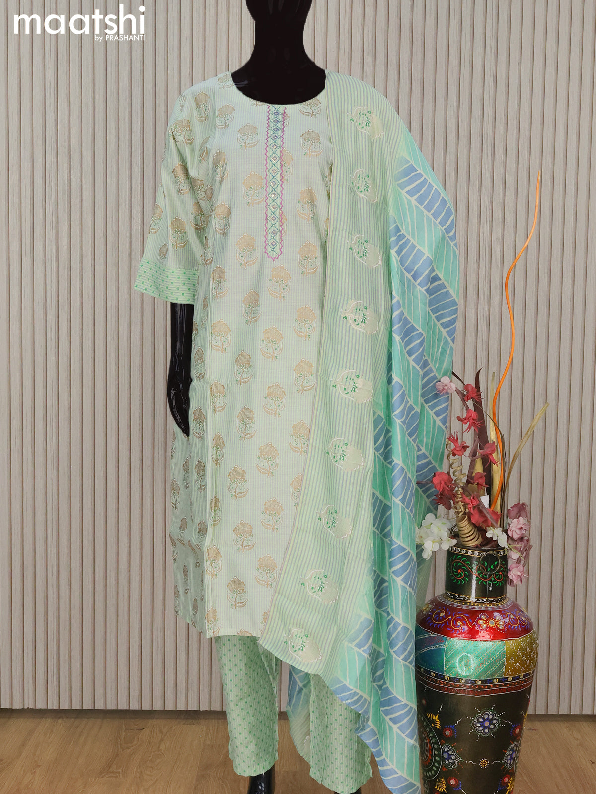 Chanderi readymade salwar suit pastel green shade with allover butta prints & embroidery work neck pattern and straight cut pant & printed dupatta