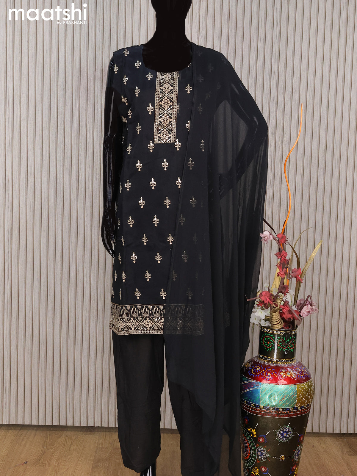 Chanderi readymade salwar suit black with embroidery sequin work & sleeve attached and straight cut pant & chiffon dupatta