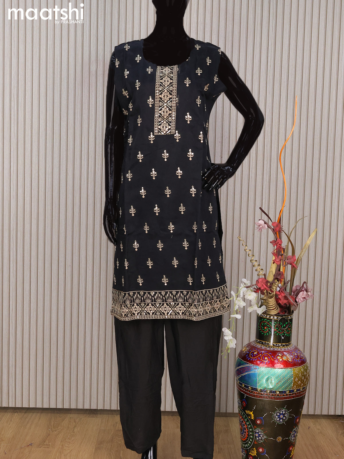 Chanderi readymade salwar suit black with embroidery sequin work & sleeve attached and straight cut pant & chiffon dupatta