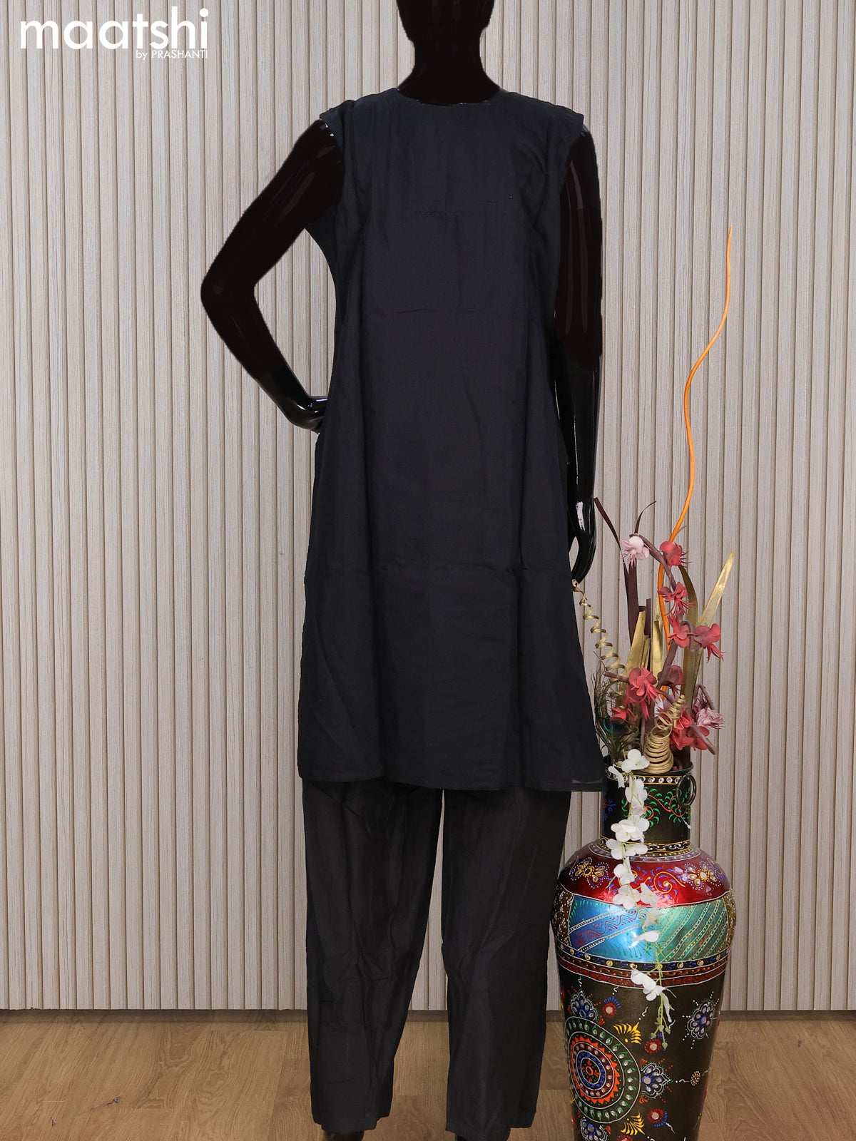 Chanderi readymade salwar suit black with embroidery sequin work & sleeve attached and straight cut pant & chiffon dupatta