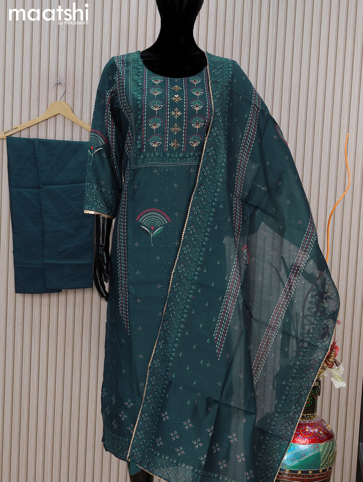 Chanderi readymade salwar suit peacock blue with allover prints & sequin work mirror work neck pattern and straight cut & gottapatti lace work dupatta