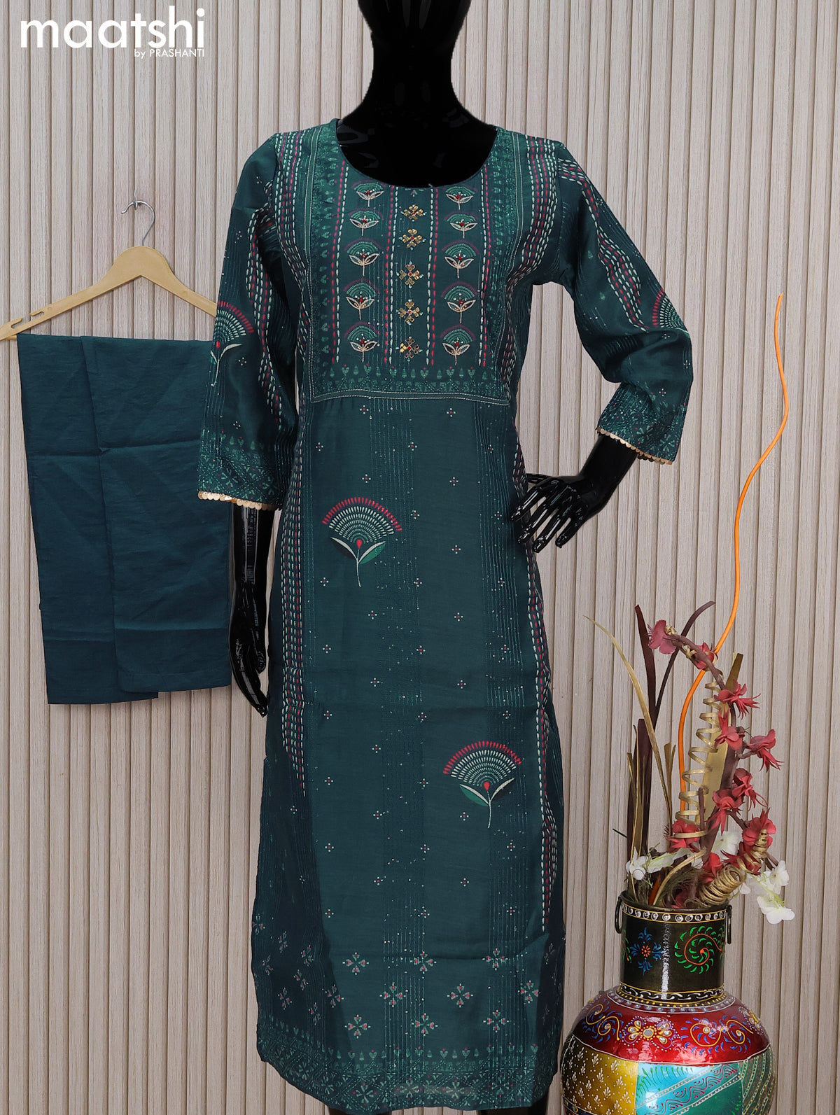 Chanderi readymade salwar suit peacock blue with allover prints & sequin work mirror work neck pattern and straight cut & gottapatti lace work dupatta