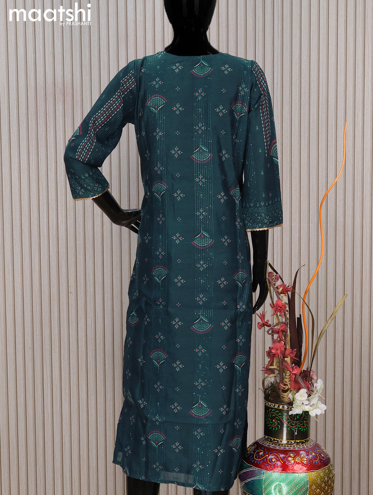 Chanderi readymade salwar suit peacock blue with allover prints & sequin work mirror work neck pattern and straight cut & gottapatti lace work dupatta