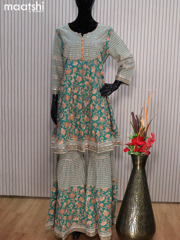 Cotton readymade party wear salwar suits teal blue with allover prints & sequin work and elephant palazzo pant & dupatta