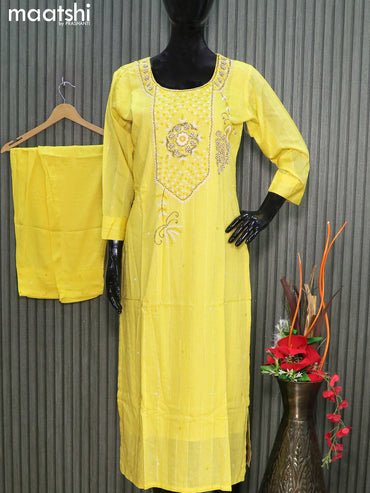 Soft cotton readymade party wear salwar suits lime yellow with allover beaded embroidery work neck pattern and straight cut pant & sequin work dupatta