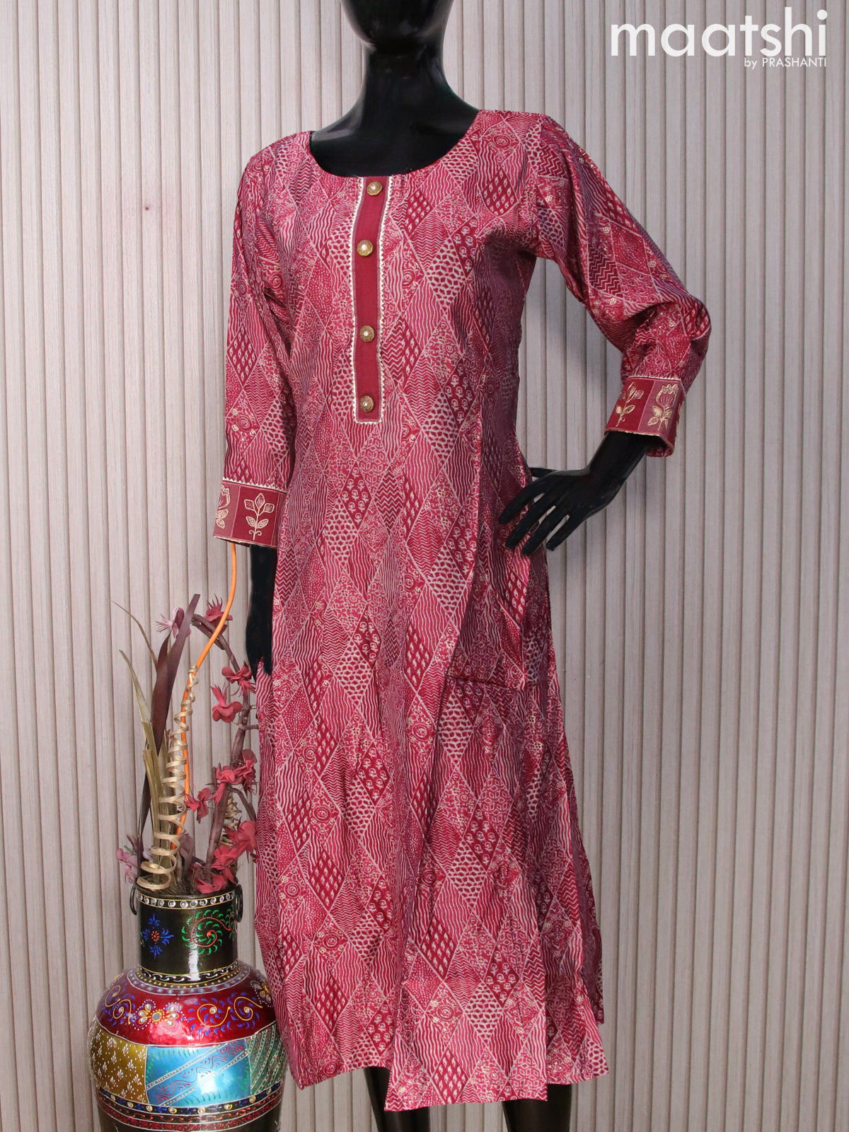 Muslin readymade umbrella kurti beige and maroon with allover prints & gotapatti lace work neck pattern without pant