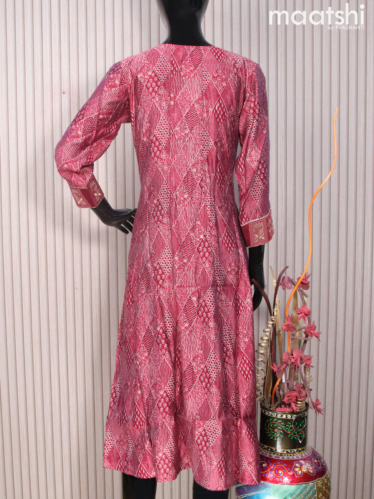 Muslin readymade umbrella kurti beige and maroon with allover prints & gotapatti lace work neck pattern without pant