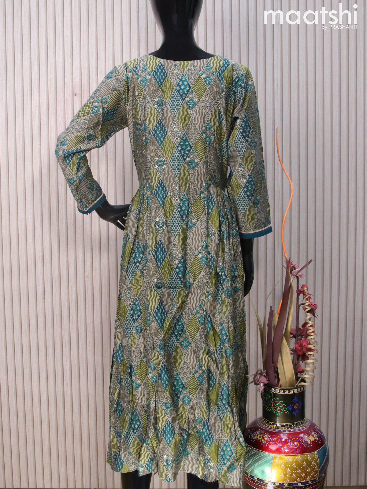 Muslin readymade umbrella kurti green and peacock green with allover prints & embroidery work neck pattern without pant