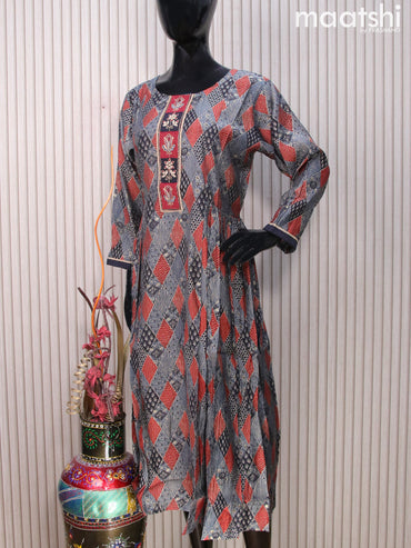 Muslin readymade umbrella kurti indigo blue and maroon with allover prints & embroidery work neck pattern without pant