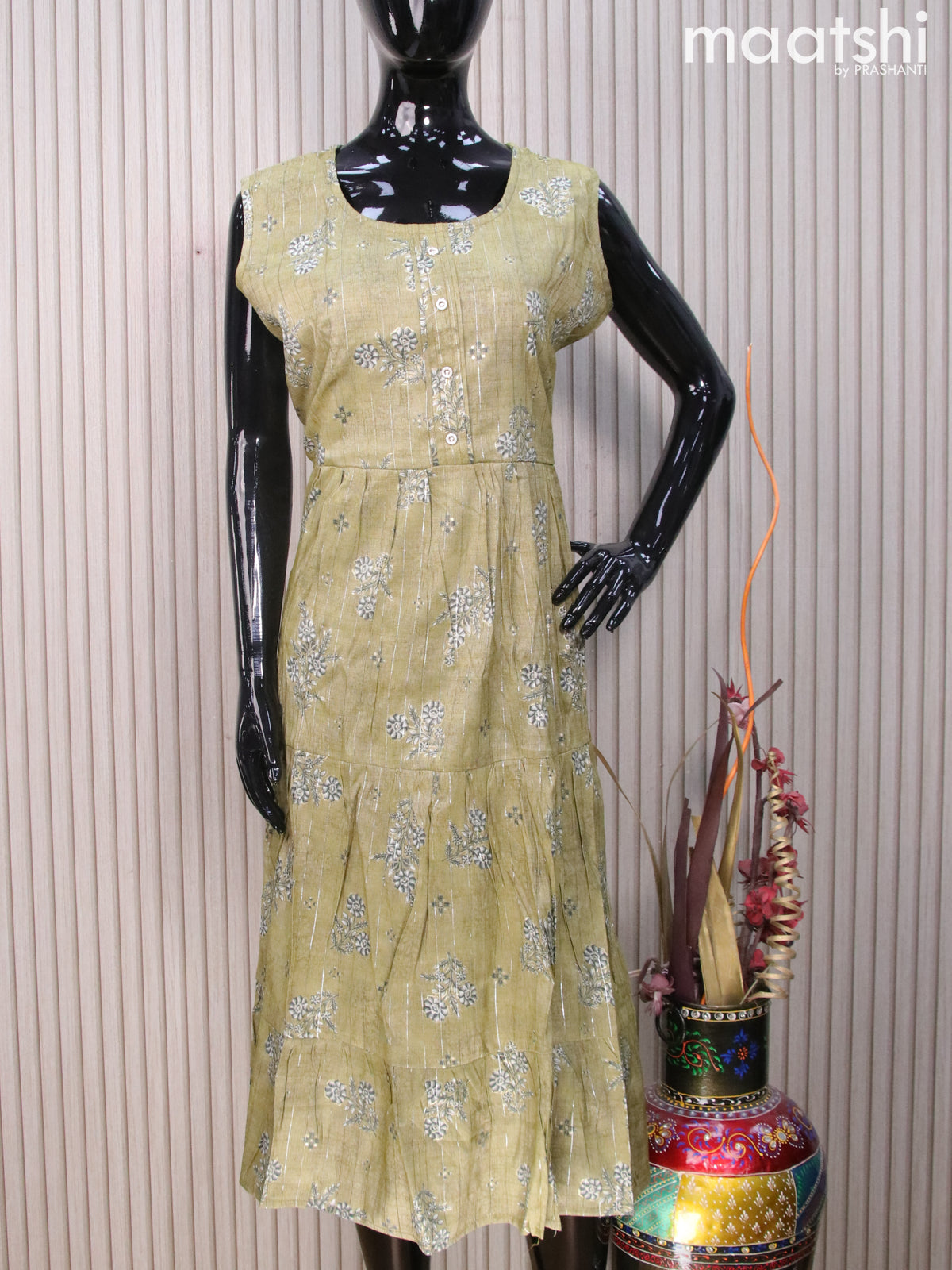 Rayon readymade umbrella kurti mehendi green with floral prints & silver zari stripe pattern without pant