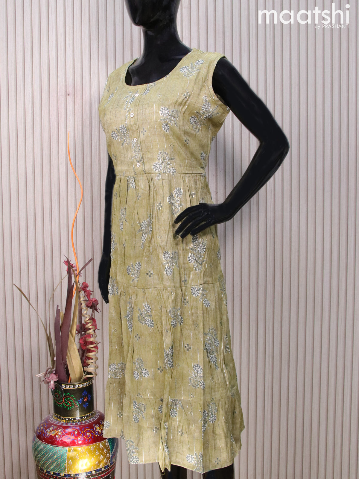 Rayon readymade umbrella kurti mehendi green with floral prints & silver zari stripe pattern without pant