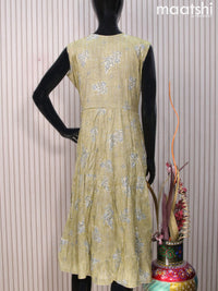 Rayon readymade umbrella kurti mehendi green with floral prints & silver zari stripe pattern without pant