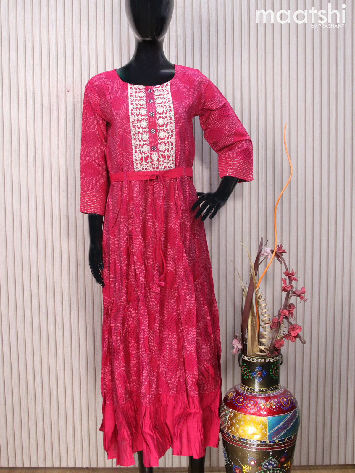 Modal readymade umbrella kurti magenta pink with bandhani prints & sequin work neck pattern and hip belt & without pant