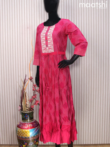 Modal readymade umbrella kurti magenta pink with bandhani prints & sequin work neck pattern and hip belt & without pant