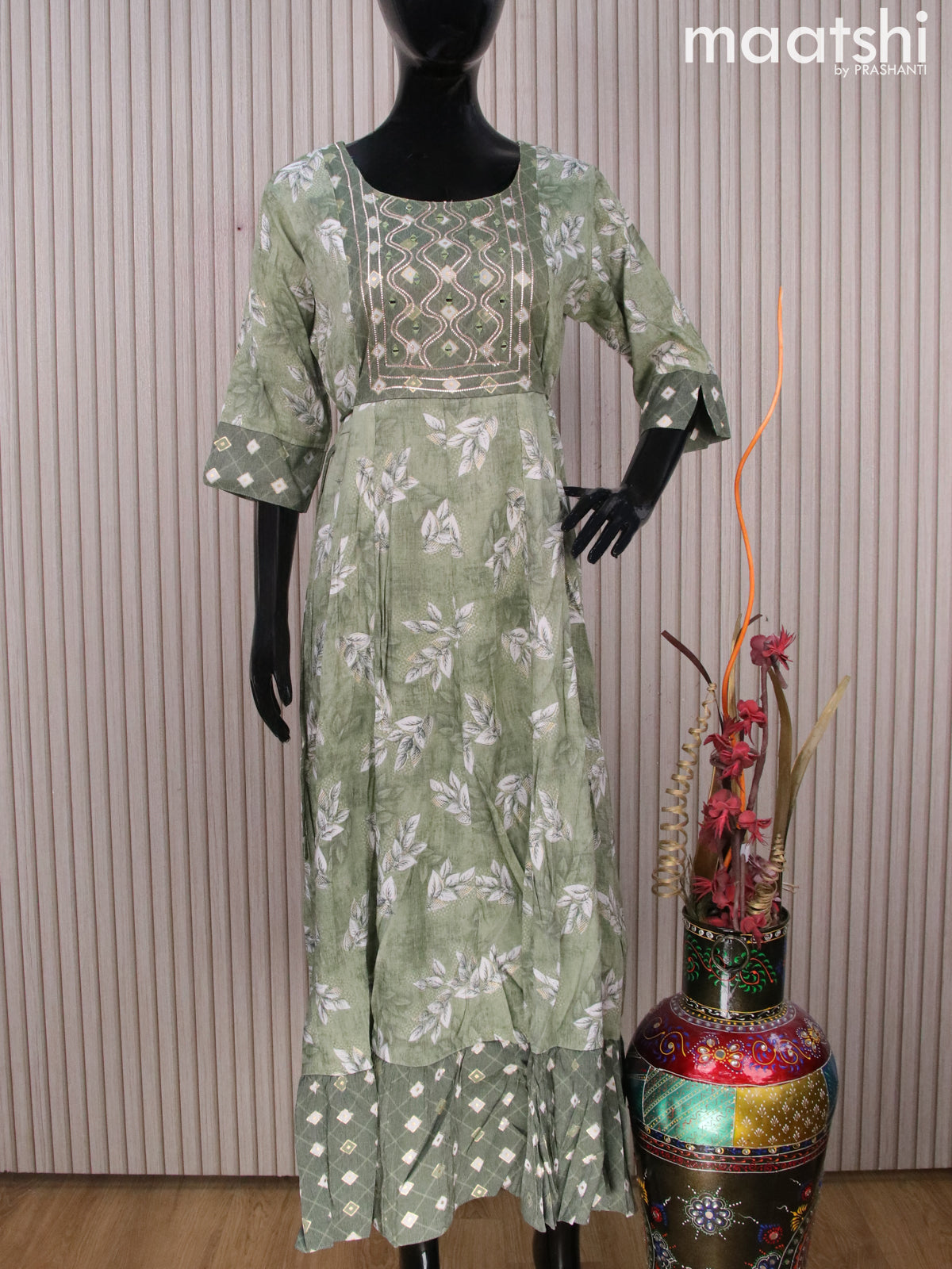 Rayon readymade umbrella kurti green with leaf prints & mirror work neck pattern without pant