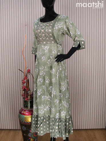 Rayon readymade umbrella kurti green with leaf prints & mirror work neck pattern without pant