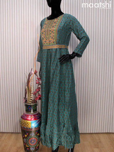 Muslin readymade floor length kurti peacock green with allover butta prints & beaded work neck pattern and hip belt & without pant