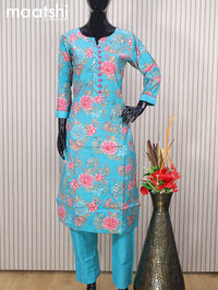 Modal readymade salwar suits teal blue with allover floral prints & sequin work neck pattern and straight cut pant & printed dupatta