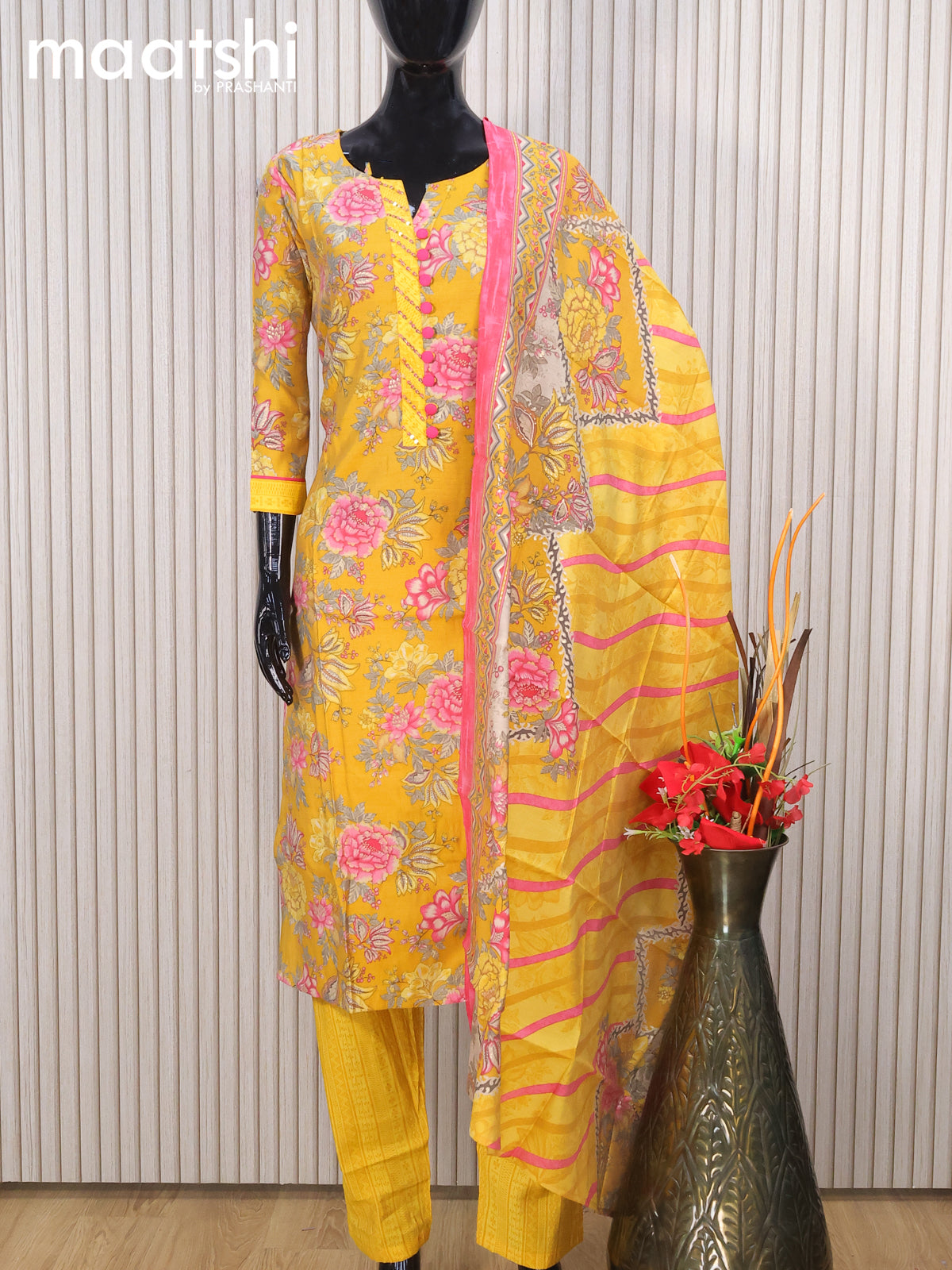 Modal readymade salwar suits mustard yellow with allover floral prints & sequin work neck pattern and straight cut pant & printed dupatta