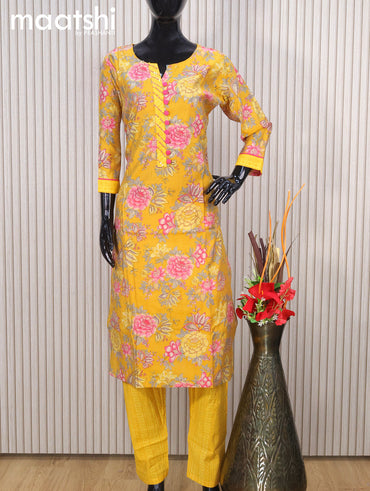 Modal readymade salwar suits mustard yellow with allover floral prints & sequin work neck pattern and straight cut pant & printed dupatta