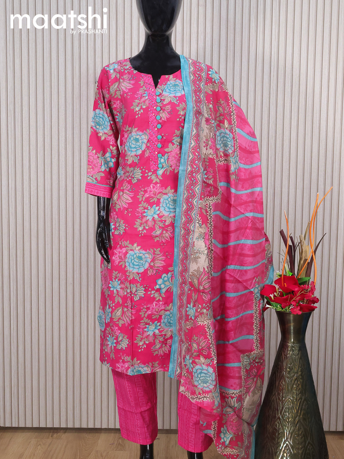 Modal readymade salwar suits pink with allover floral prints & sequin work neck pattern and straight cut pant & printed dupatta