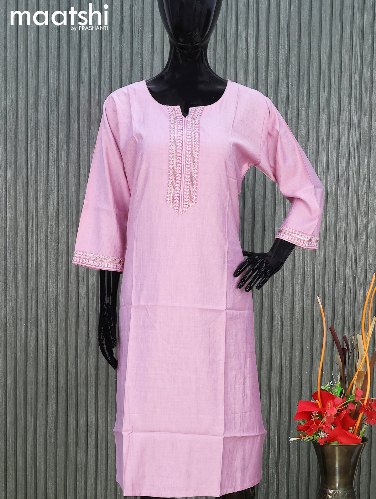 Rayon readymade kurti lotus pink with sequin lace patch work neck pattern without pant