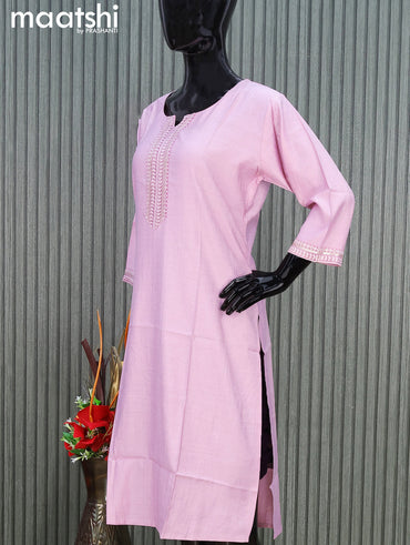 Rayon readymade kurti lotus pink with sequin lace patch work neck pattern without pant