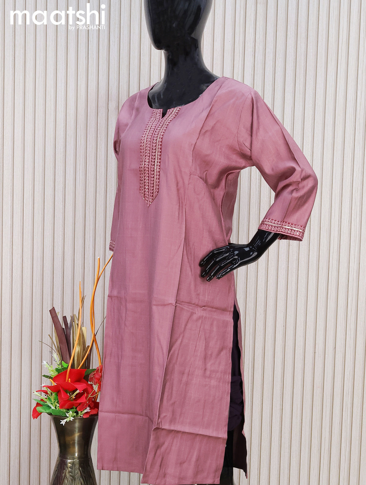 Rayon readymade kurti pastel pink shade with sequin lace patch work neck pattern without pant