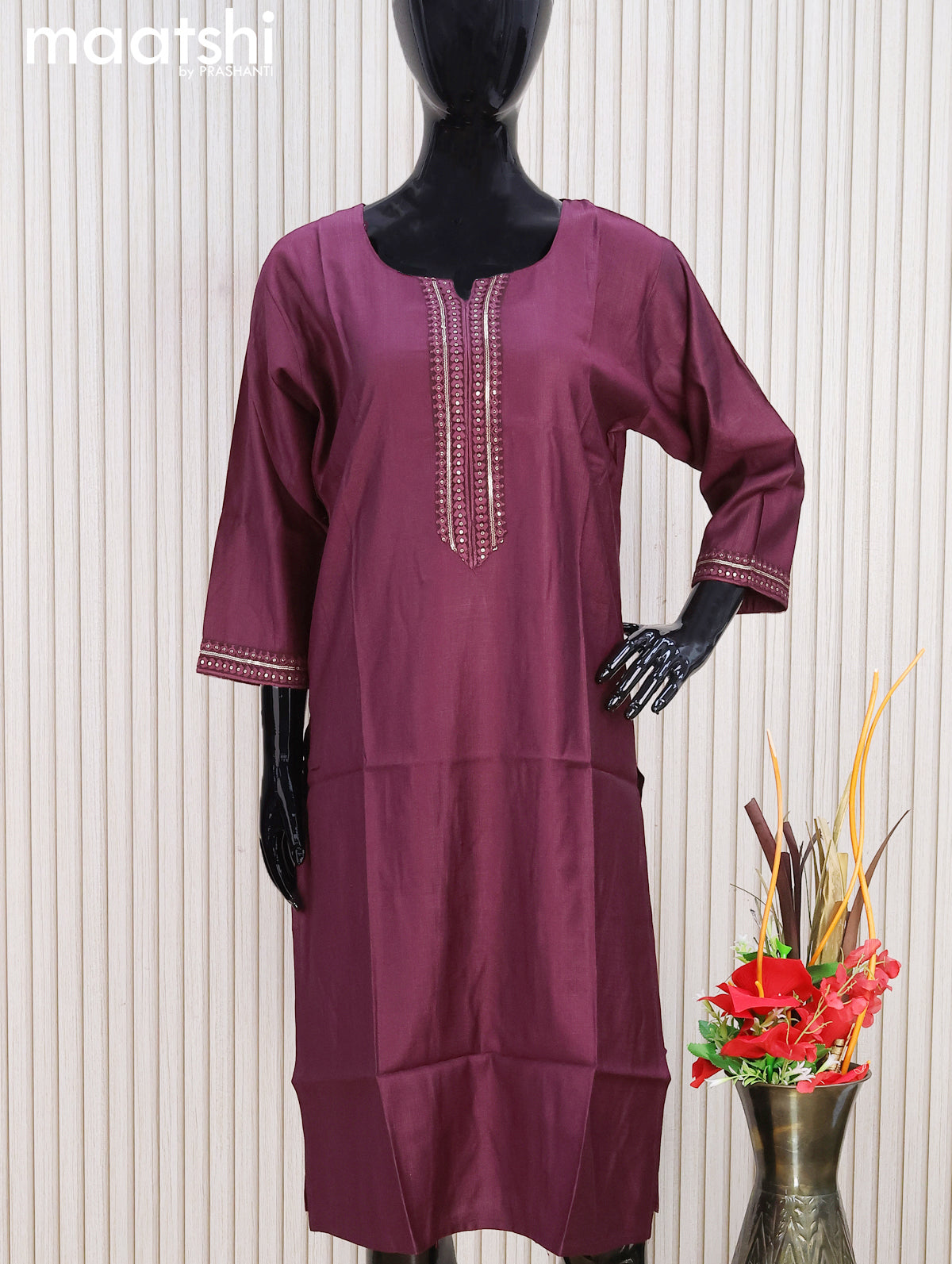 Rayon readymade kurti maroon with sequin lace patch work neck pattern without pant