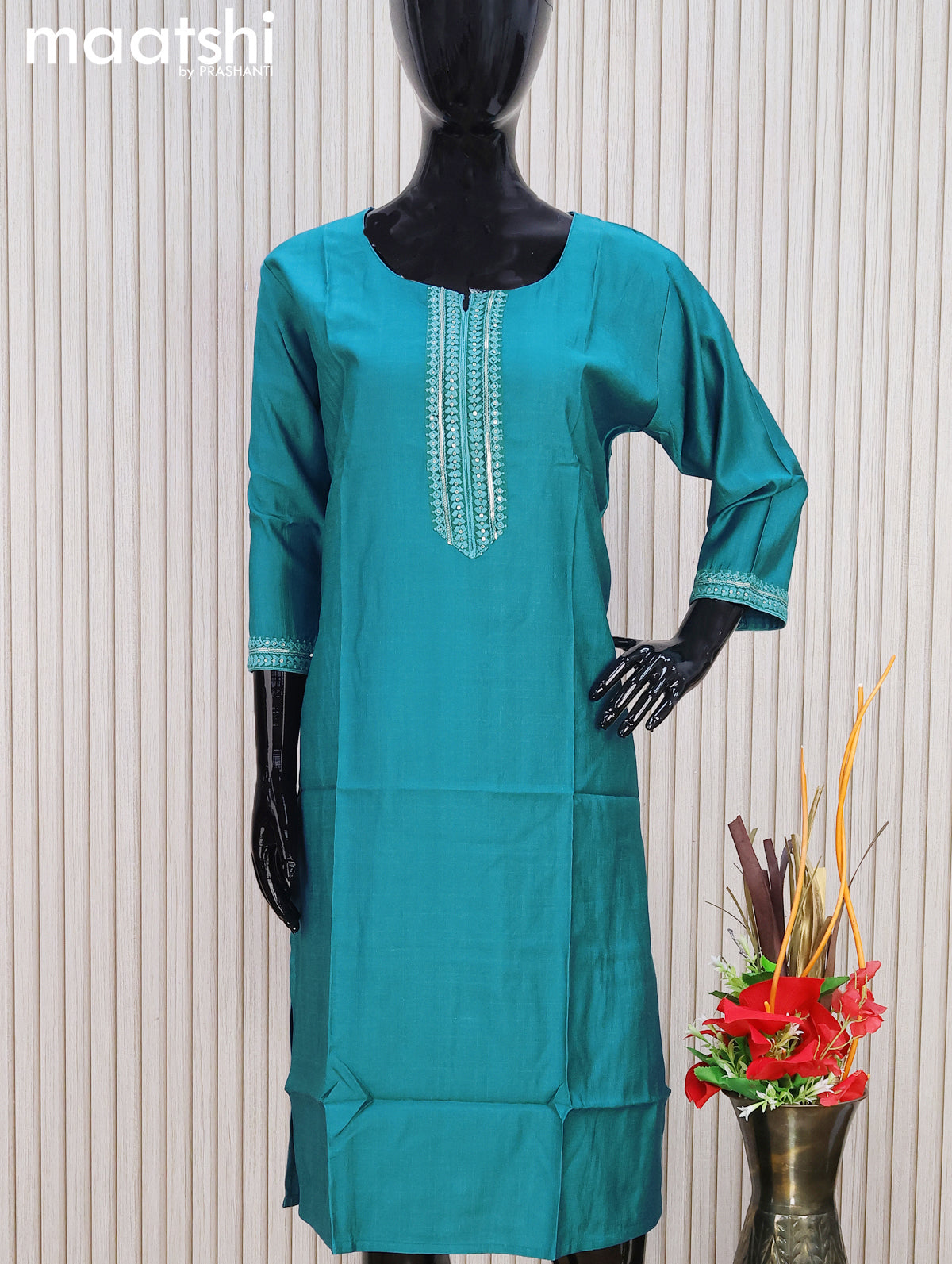 Rayon readymade kurti peacock blue with sequin lace patch work neck pattern without pant