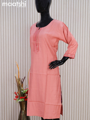 Rayon readymade kurti dark peach with sequin lace patch work neck pattern without pant