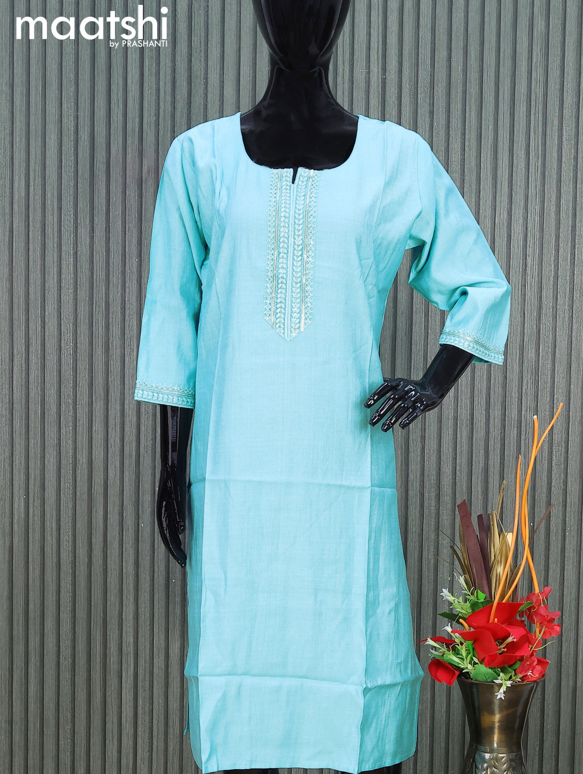 Rayon readymade kurti light blue with sequin lace patch work neck pattern without pant