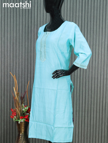 Rayon readymade kurti light blue with sequin lace patch work neck pattern without pant