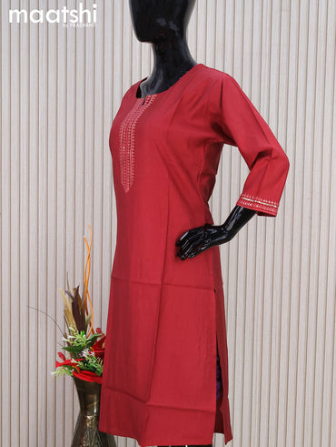 Rayon readymade kurti kum kum red with sequin lace patch work neck pattern without pant