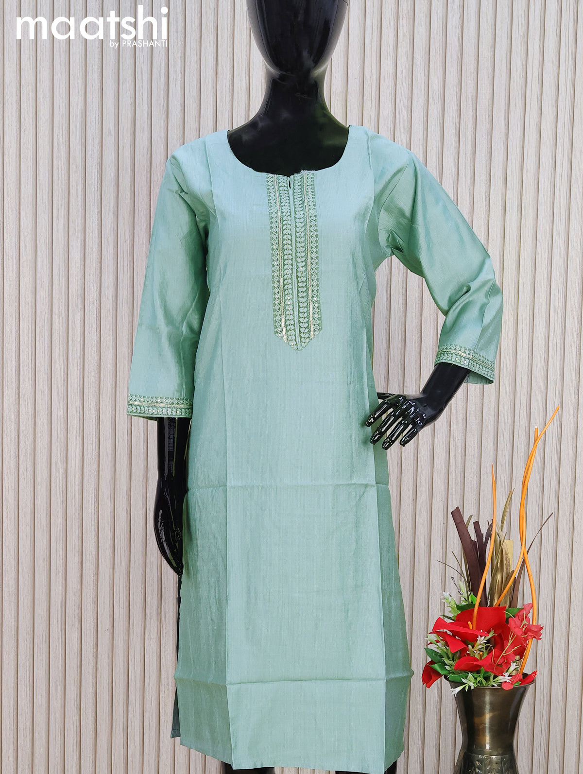 Rayon readymade kurti pastel shade of green with sequin lace patch work neck pattern without pant