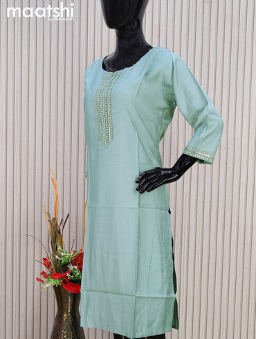 Rayon readymade kurti pastel shade of green with sequin lace patch work neck pattern without pant