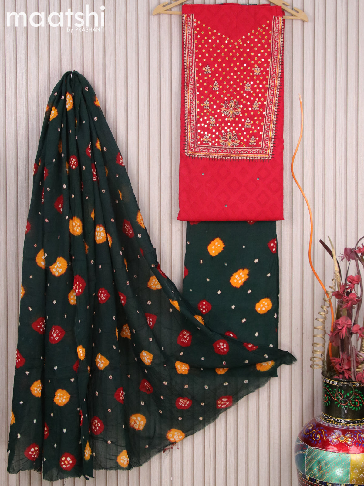 Cotton dress material red and bottle green with embroidery mirror work neck pattern and bottom & batik prints dupatta