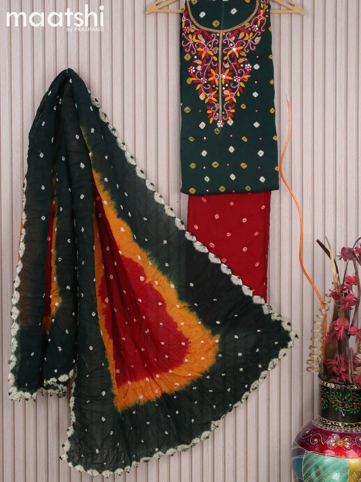 Cotton dress material bottle green and maroon with batik butta prints & embroidery beaded work neck pattern and bottom & dupatta