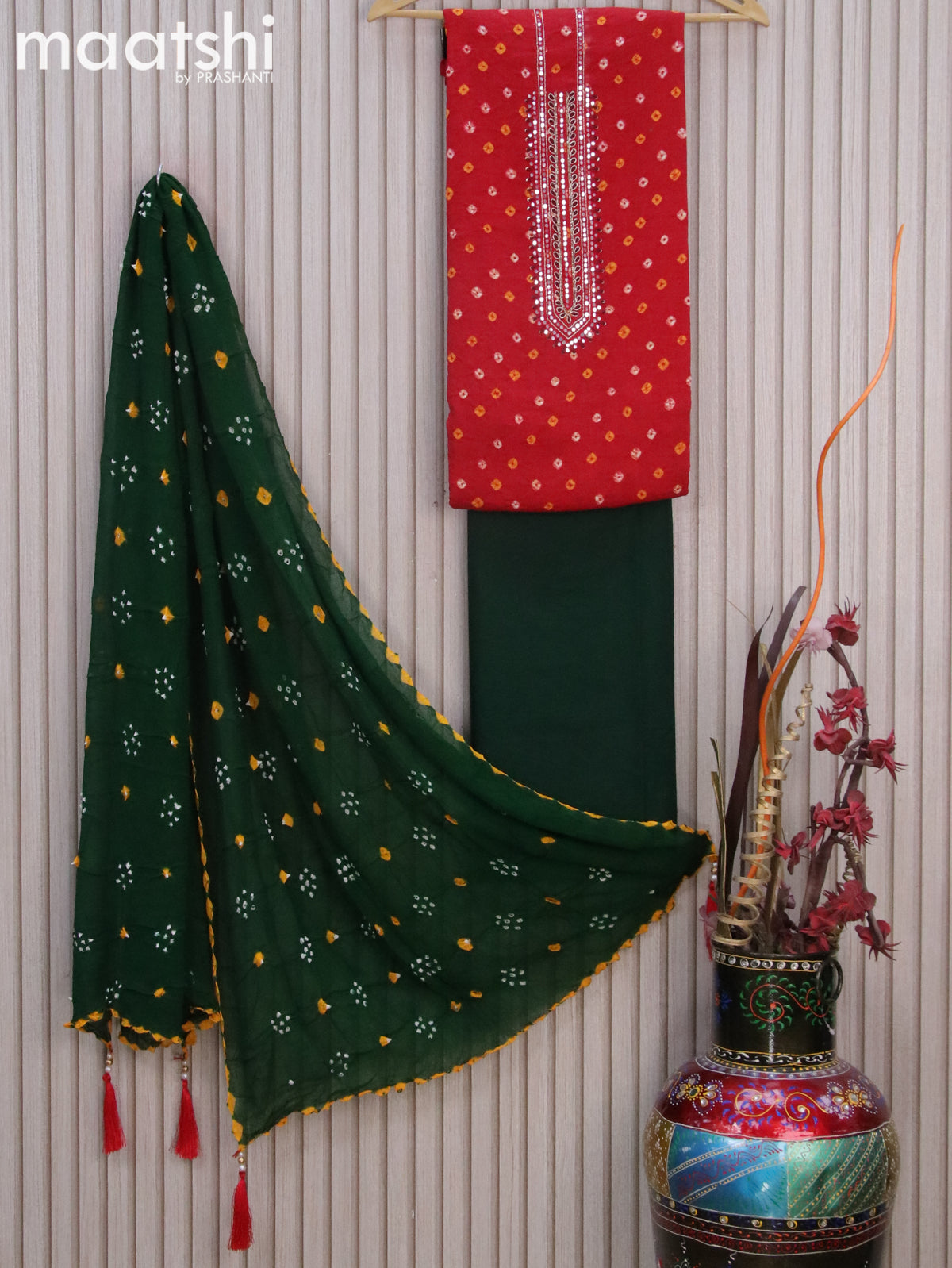 Cotton dress material red and dark green with batik butta prints & embroidery mirror work neck pattern and bottom & chiffon dupatta