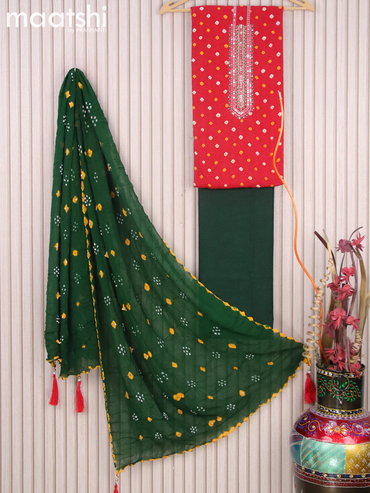 Cotton dress material red and bottle green with batik butta prints & embroidery mirror work neck pattern and bottom & chiffon dupatta