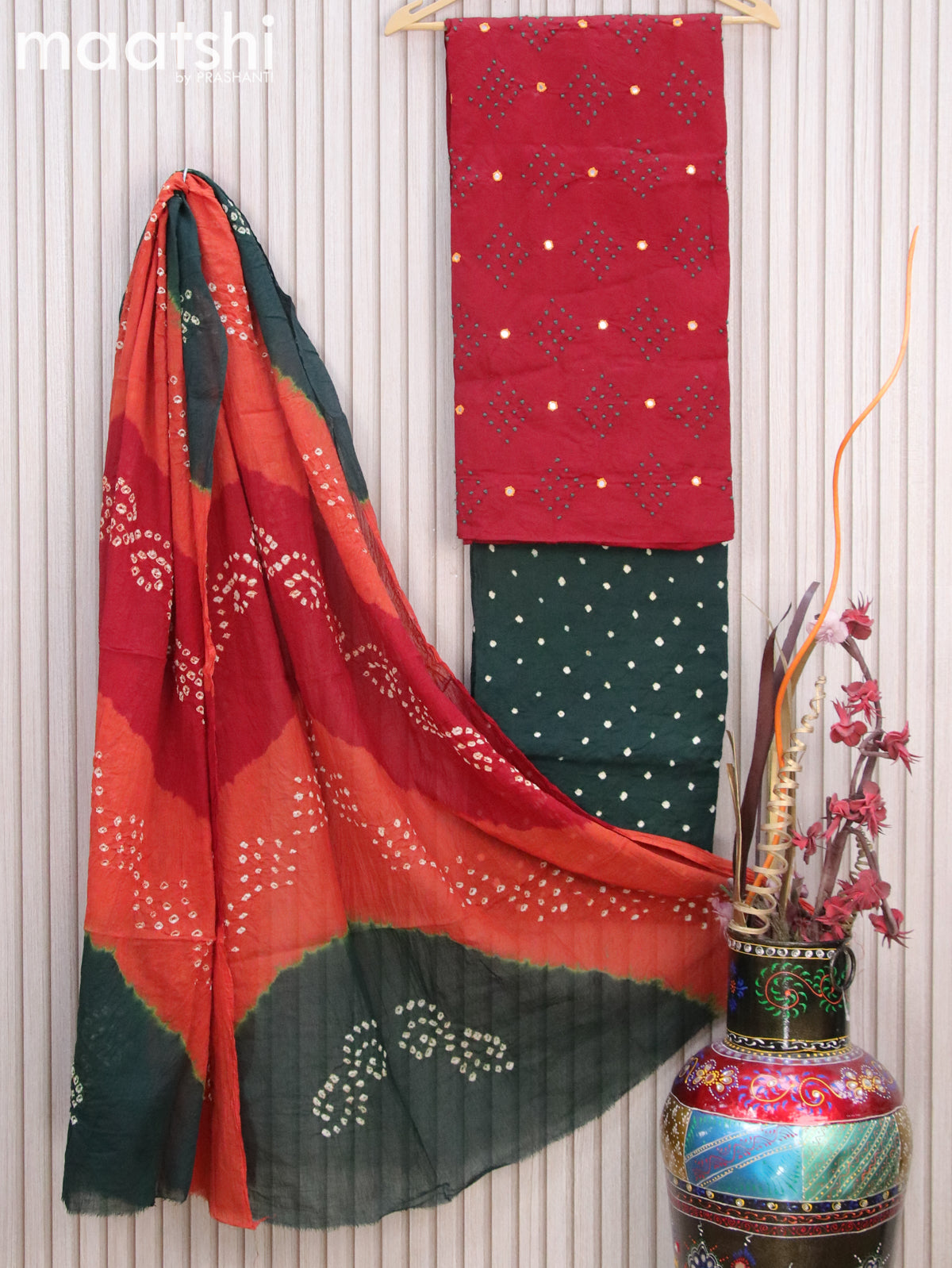 Cotton dress material red and bottle green with mirror & french knot work and bottom & batik prints dupatta