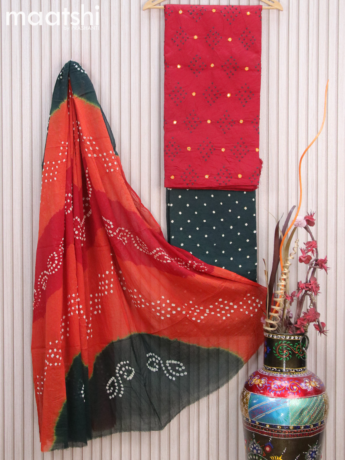 Cotton dress material maroon and bottle green with mirror & french knot work and bottom & batik prints dupatta