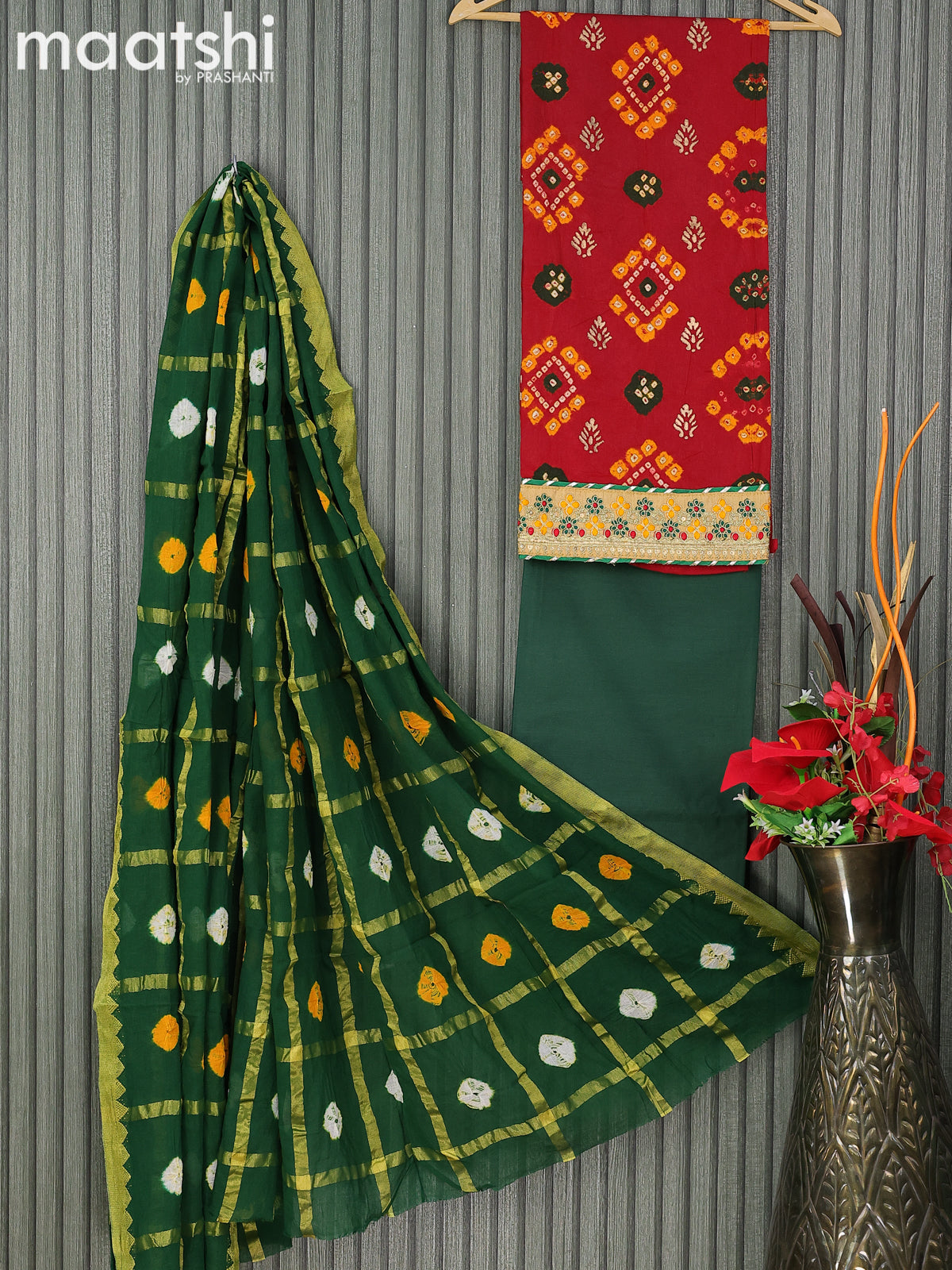 Cotton dress material maroon and green with bandhani prints and bottom & dupatta