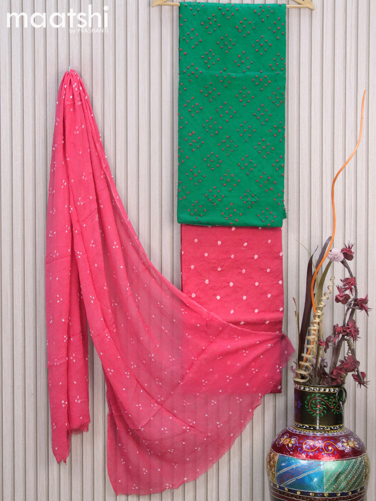 Cotton dress material green and pink shade with allover french knot work and bottom & chiffon dupatta